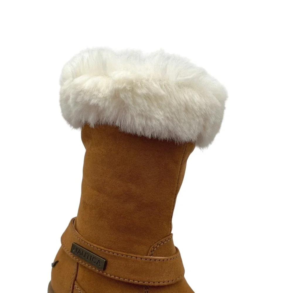 Nautica Little Girls Fashion‎ Tall Boots Size 13 Brown Vegan Suede Faux Fur Trim